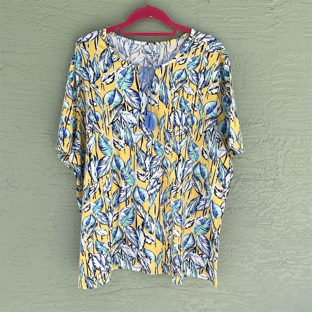 Coral Bay Women's 2XL Floral Blouse Yellow Blue Leaf Print Short Sleeve